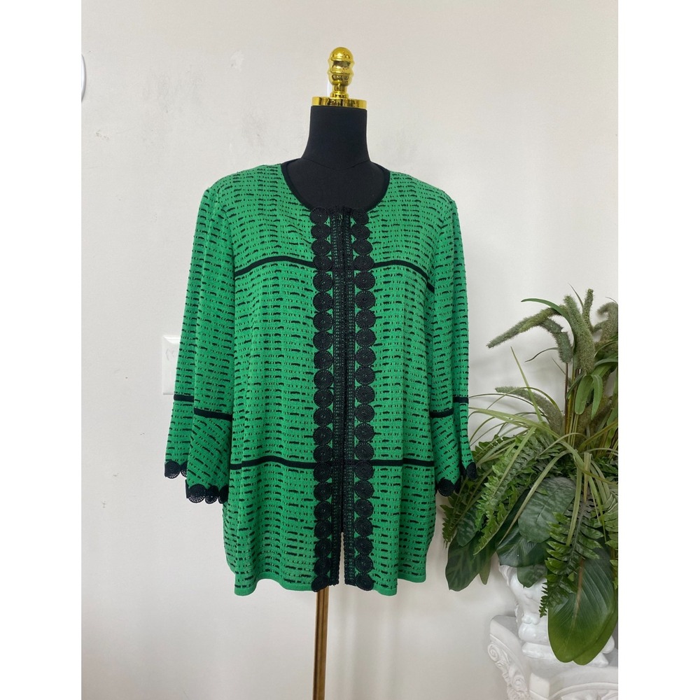 Ming Wang Women's Green Black Acrylic Blend Knit Cardigan Jacket Sz 2X EUC! $285
